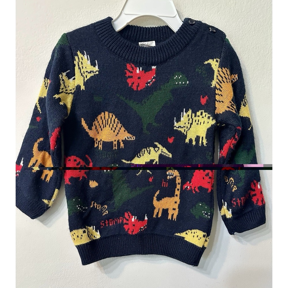 Yellow Hippo Toddler Boy Dinosaur Knit Pullover Sweater Navy Blue Size 12-18M